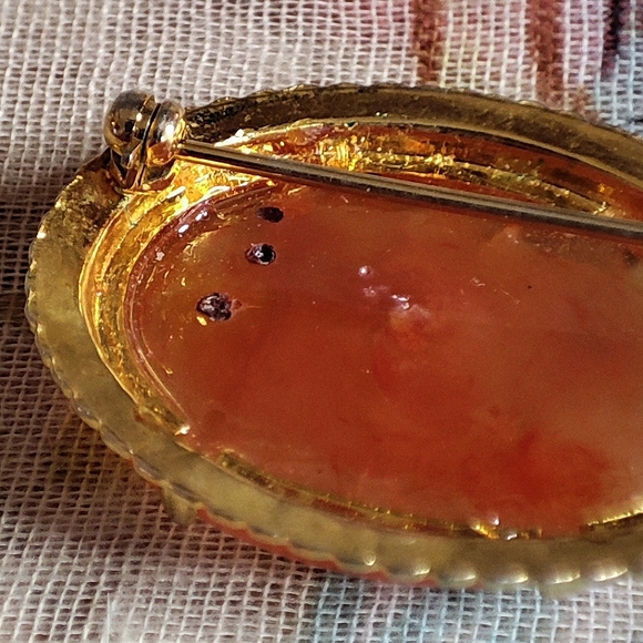 Carnelian Agate Unsigned Oval Stone Brooch Pin Prong Set Gold Tone Rope Setting - Picture 5 of 11